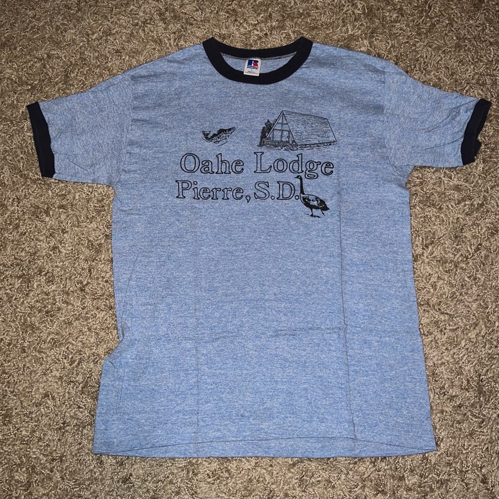 Vintage Unisex Russell Oahe Lodge
Pierre, S.D.  Athletic Ringer T-Shirt Sz L